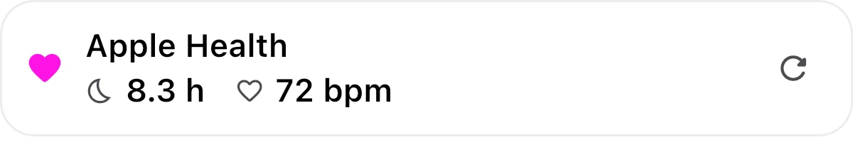 Apple Health card in Gutrack showing an example of 8.3 hours of sleep and a heart rate of 72 beats per minute