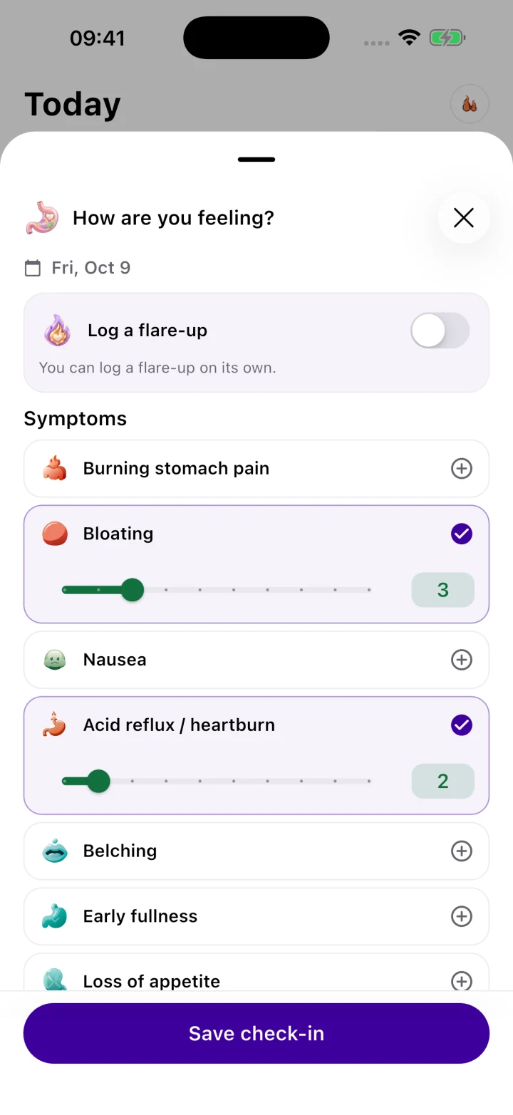 English symptom check-in in Gutrack, with bloating and acid reflux selected